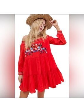 Free People Red Floral Mini Dress Size M (PTP 18.5”)